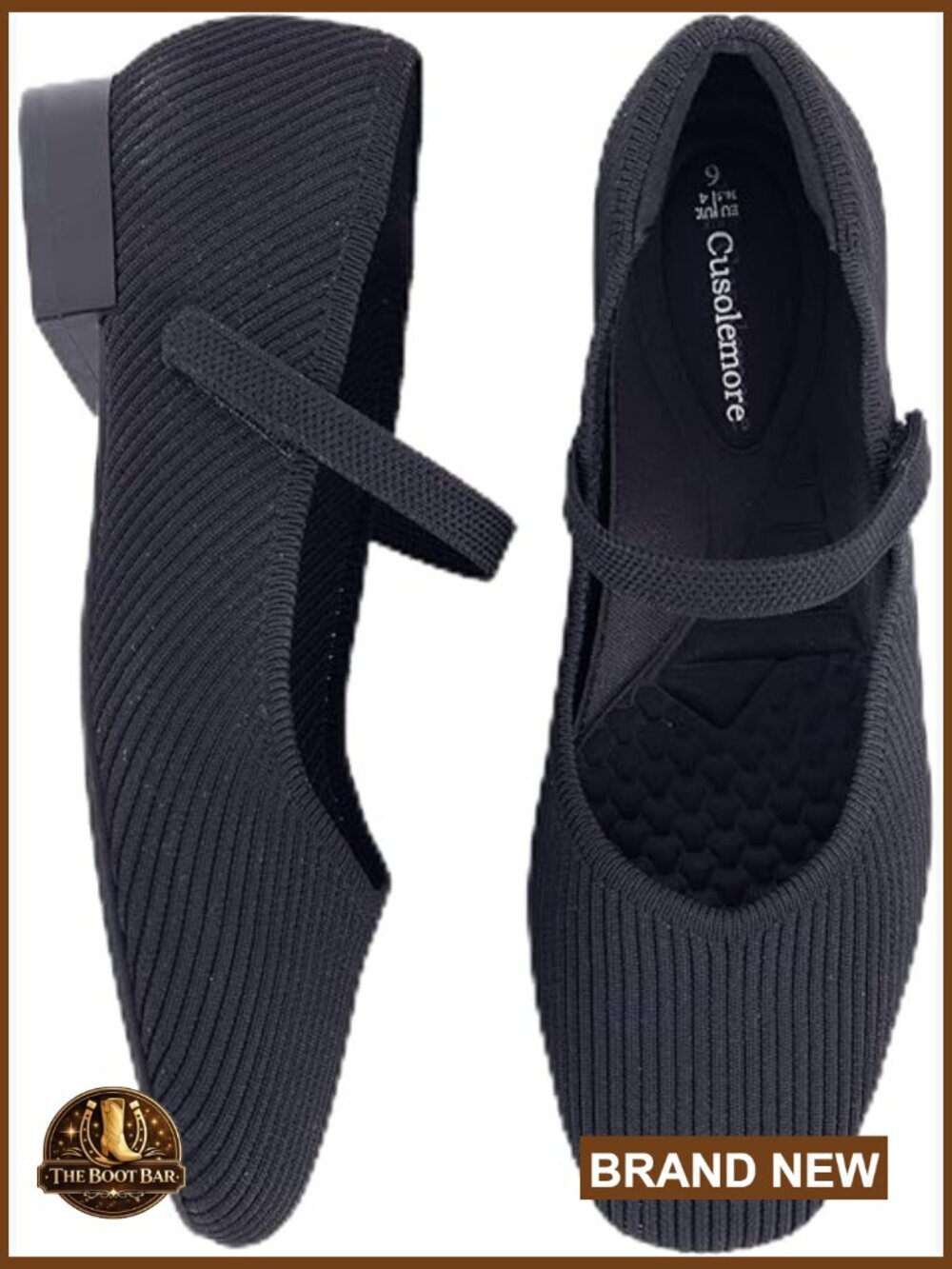Square Toe Mary Jane Flats with Arch Support, Knit Dress Shoes